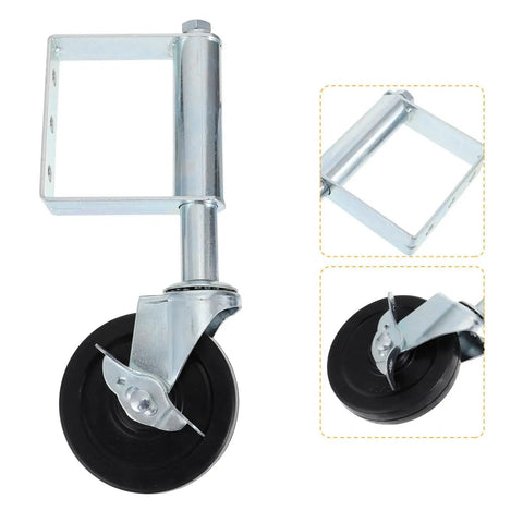 Heavy Duty Spring Loaded Gate Swivel Wheel Replacement Caster With Strong 165 Pound Load Rating For Wooden Barns And Tubular Farm Gates Built Tough Ready To Roll with metal frame and rubber wheel.