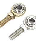 Beefy One Half Inch Bore Rod End Heim Joint Pair With One Half By Twenty Male Threads And Slick Right Left Hand Alignment For Steering And Suspension Linkage Connections That Bullseye Fit Guaranteed To Handle Heavy Whip Without Any Slack Day. Close-up of two rod ends with threaded studs.