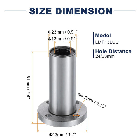 Rock Solid LMF13LUU Linear Ball Bearing shows dimensions: 13mm bore, 23mm OD, and 61mm length for precise movement.