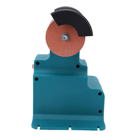 Heavy Duty Mini Bench Grinder And Buffer Polisher Featuring Secure Six Hole Mounting Base For 18V Battery Powered Workshop Rigs side view, compact design.