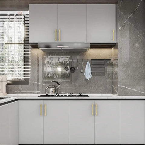 Slick 10 Pack Knurled Brushed Gold Cabinet Handles 5 Inch Center To Center For Kitchen Cupboard Drawer Pulls on gray cabinets.