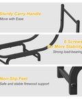 Curved 32-Inch Firewood Rack, Powder-Coated Rustproof Metal Log Holder features sturdy handle, 6 screws, non-slip feet design details
