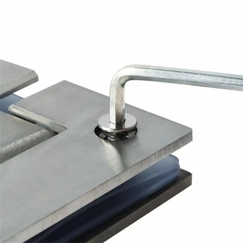 Close-up of Premium Heavy Duty Glass Door Hinge With A Buttery Smooth Wide Swing And Totally Rust Proof Stainless Steel Build.