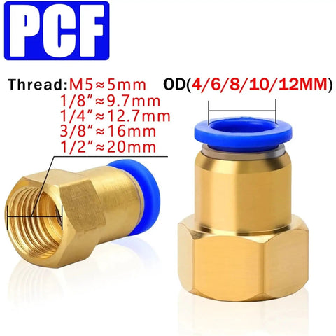 Brass Pneumatic Air Fittings Kit For 4 6 8 10 12 Millimeter Hose Tubes One Eighth To One Half Inch Female Thread Quick Connect Joints