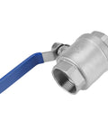 Heavy Duty Stainless Steel Quarter Turn Ball Valve One Point Five Inch Npt Female Full Bore Connection For Water Oil Gas Lines Built Different With Hella Smooth Control, showing valve with a blue handle.