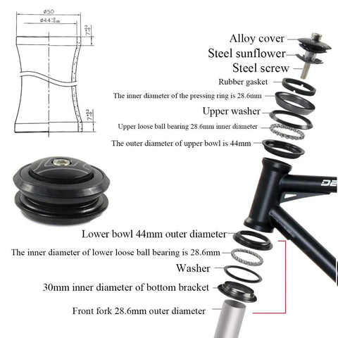 Heavy Duty Bicycle Headset Bearing Kit Designed For 44Mm Frame Head Tubes And 28.6Mm Fork Steerers, showcasing steel construction and components.