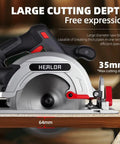 Pro Move Cordless Circular Saw Featuring Brushless Motor And 7 Inch Blade Chugging At 5600 Rpm For Kickin Wood Cuts close-up showing 35mm cutting depth capability.