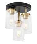 Three-Light Semi Flush Mount Ceiling Light Fixture With Dope Clear Glass Cylinder Shades In Gold Finish, Rustic Modern Cluster