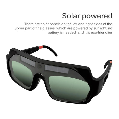 Heavy Duty Solar Powered Welding Goggles With Automatic Darkening True Color Anti Glare Lenses For Plasma Cutting Grind Jobs showing solar panels on frame.