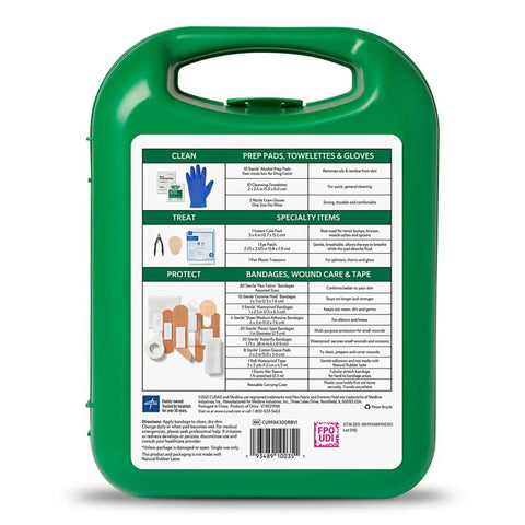 Back view of green hard case for 175 Piece Complete First Aid Kit In Reusable Hard Case With Essential Supplies For Home Office Car And Boat Built Tough Ready To Roll Easy Access And Stuff Sorted For Everyday Emergencies showing contents list.