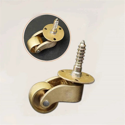 Solid Polished Brass Swivel Casters Set Of Four Vintage Antique Furniture Wheels Double Bearing Heavy Duty Setup showing screw mount design.