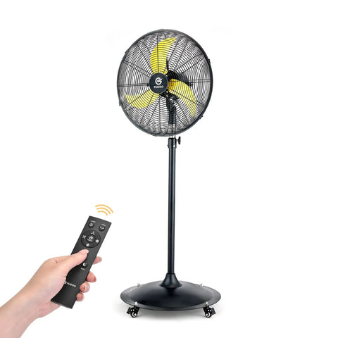 Outdoor 20 Inch Quiet Oscillating Pedestal Fan With Remote Control Waterproof Heavy Duty BLDC Motor Four Speed, front view with remote