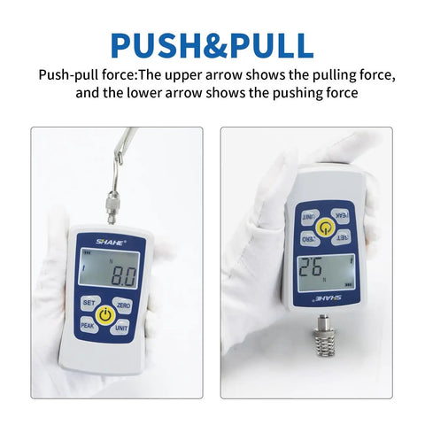 Portable Digital Force Gauge Push Pull Meter With Instant Newton Pound Kilogram Ounce Conversion showing push-pull force display.