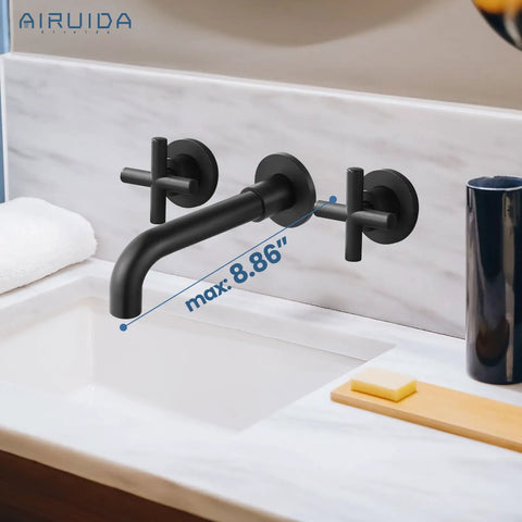 Solid Brass Widespread Wall Mount Bathroom Faucet With 360 Degree Swivel Spout Matte Black Finish Double Cross Handles