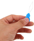 100 Pack Gourd Shape Needle Threaders For Hand Sewing And Embroidery, Easy Peasy Threading Tool With Plastic And Metal Materials, hand holding blue plastic threader