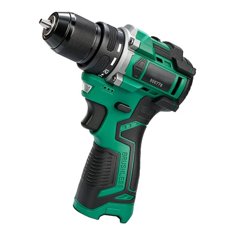 Boss Grade Brushless Cordless Drill Driver With Quick Swap Metal Keyless Chuck Twenty One Torque Levels Two Speed Switches For Smooth Handling And Zero Stress Home Fixes, green with ergonomic grip.