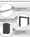 Infographic showing features of Eight Foot Outdoor Firewood Rack Holder With Fourteen Support Legs, powder-coated finish, rubber stoppers.