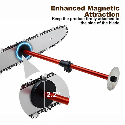 Close-up of Heavy Duty Telescopic Firewood Measuring Stick With Super Strong Magnets attached to chainsaw blade, showing firm grip and measurement.