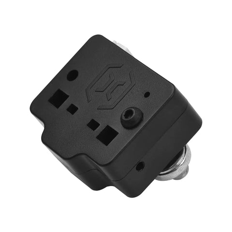 Close-up of Top Shelf Filament Runout Sensor, compact black plastic design, mounted for standard 3D printer usage.