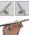 Hand holding 8 Inch 316 Stainless Steel Boat Cleats Open Base With Hardware Set Of 4 For Dock Marine Use And Nautical Decor.