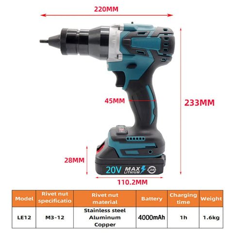 Game Changer Cordless Electric Rivet Gun With Dual 4000 Mah Batteries, side view showing dimensions and design details.