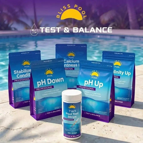 7 In 1 Pool Test Strips With App 150 Count Extra Long Strips for accurate pool water testing displayed outdoors by pool.