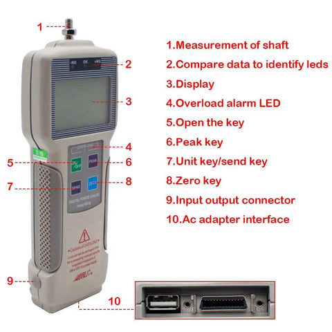 High Precision Digital Force Gauge And Push Pull Meter Featuring Lcd Tension Dynamometer For Newton Strength Testing With Dead Accurate Readouts and Knockout Build Quality, showing display and buttons.