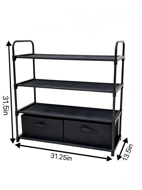 4 Shelf Closet Organizer With Black Metal Frame And Two Collapsible Fabric Bins And Straight Up Heavy Duty Vertical Shoe Rack Clutch Dorm Room And Small Space And Tidy Home Storage Solution, 31.25x13.5x31.5 inches.