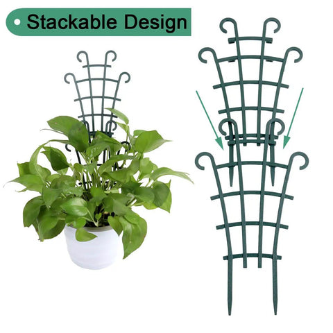 Stackable Small Plant Trellis For Potted Plants Pack Of 4 For Indoor Outdoor Use Climbing Vine Support For Ivy Hoya Flowers And Houseplants Low Profile Dark Green Garden Trellis Made From Durable PP Plastic shown beside a potted plant.