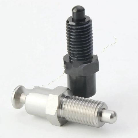 Workhorse Indexing Plunger With Hand Retractable Spring Pin Locking Screw Precision Threaded Bolt, steel construction, dual colors.