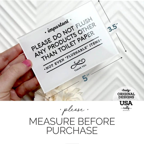 Elegant Acrylic Bathroom Do Not Flush Sign 3.5x5 Inches With Adhesive Pack Of 5, hand holding one sign over textured background.