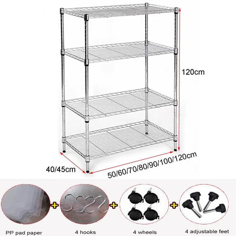 Dang Tough Heavy Duty Multi Tier Wire Shelving Unit With Adjustable Stainless Steel Frames For Kitchen Garage Or Office Organizing No Sweat Setup with four shelves.