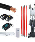 Beefy 70 KN Cordless Hydraulic Cable Cutter For 30mm Cables shown with extension rods, batteries, charger, and case