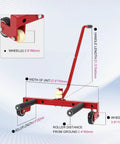 Heavy Duty Adjustable Tire Wheel Dolly Supporting Three Hundred Thirty Pounds With Slick Swivel Rollers And A Comfort Grip Handle, dimensions and wheel details.