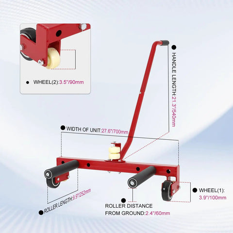 Heavy Duty Adjustable Tire Wheel Dolly Supporting Three Hundred Thirty Pounds With Slick Swivel Rollers And A Comfort Grip Handle, dimensions and wheel details.