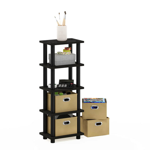 Four Tier Toolless Storage Shelves Espresso Finish With Four Fabric Bins No Sweat Setup Game Changer For Clutter Control Apartment Approved Hallway Bedroom Organizer with storage bins.