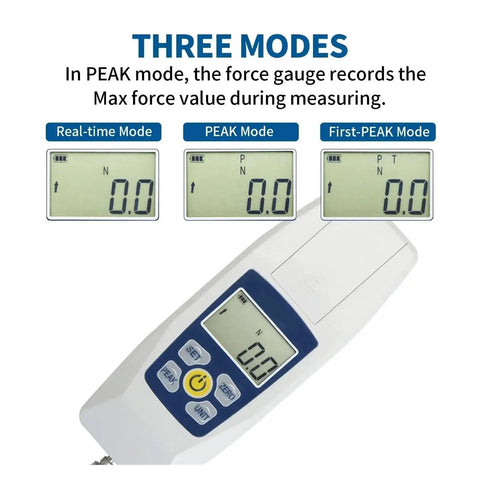 Digital Force Gauge With Backlit LCD & Auto Off Feature Push Pull Tester displaying three modes on LCD screen.