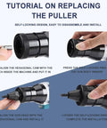 Tutorial images showing steps to replace the puller on the Built Tough Cordless Electric Rivet Gun.