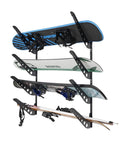 4 Board Snowboard Wall Rack Adjustable Storage for Ski Surfboard Wakeboard Wall Mount Display with Accessory Hooks, black rack with skis and boards.