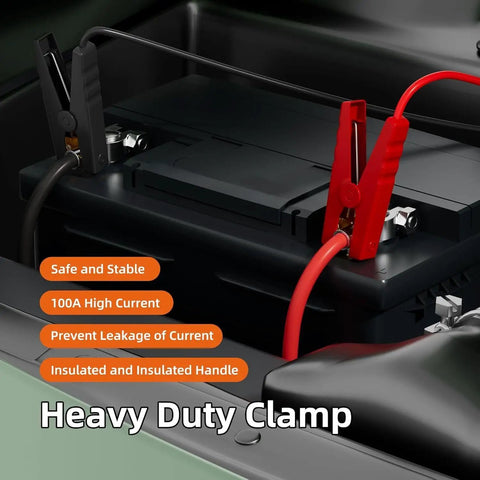 Jumper Cable Clamps Kit For 24V Battery Jump Starter Beefed Up Heavy Duty Automotive Booster Cables close-up on battery