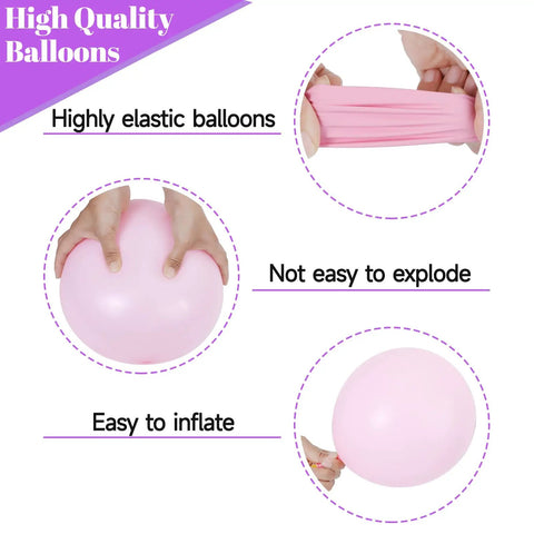 Sixty Eight Piece Pink And Purple Balloons Set 12 Inch Metallic Latex Party Decor shown, highlighting elastic and easy to inflate features.