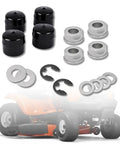 Built Tough Riding Mower Front Wheel Bearing Bushing And Axle Cap Rebuild Kit 16 Piece includes black caps, silver bushings, and washers.