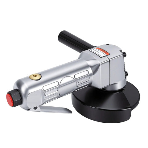 Heavy Duty Pneumatic Angle Grinder With Kickin Power And An Ergonomic Design For Swift Metal Cutting And Steady Performance On Demanding Job Sites Daily, featuring a silver handle and black base.