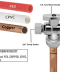 EZ-FLUID angle stop valve with 1/4-turn metal handle; 1/2-in copper inlet to 3/8-in compression outlet for PEX/Copper.