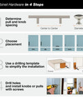 Cabinet hardware installation guide showing steps to measure, place and install knobs and pulls for cabinets.