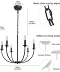 Diagram of Six Light Black Farmhouse Industrial Metal Chandelier With Classic Candle Pendant Style detailing size and ceiling adaptability.