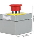 Rugged Emergency Stop Switch With Weatherproof Control Box For Outdoor Machinery, Red E Stop Button, dimensions shown