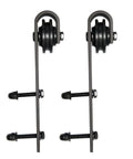Heavy duty rolling hardware kit for Built Tough Interior Barn Bypass Sliding Doors with sturdy black rollers and brackets.