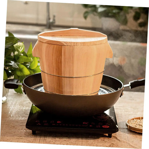 Top Shelf Handcrafted Wooden Rice Bucket With Secure Lid Killer Kitchen Steamer Cask in use on a cooking stove.