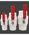 Rock Solid White Pvc Ball Valve Leak Proof Plumbing Connector Featuring Smooth Turn Handle in 1, 1¼, and 1½ inch sizes.